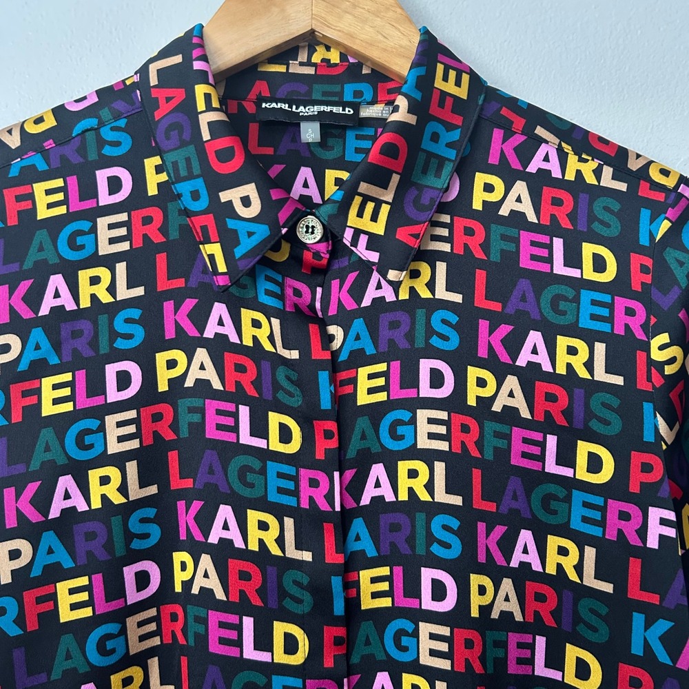 Karl Lagerfeld Paris Blouse Women Small Multi Logo Print Long Sleeve Button Down